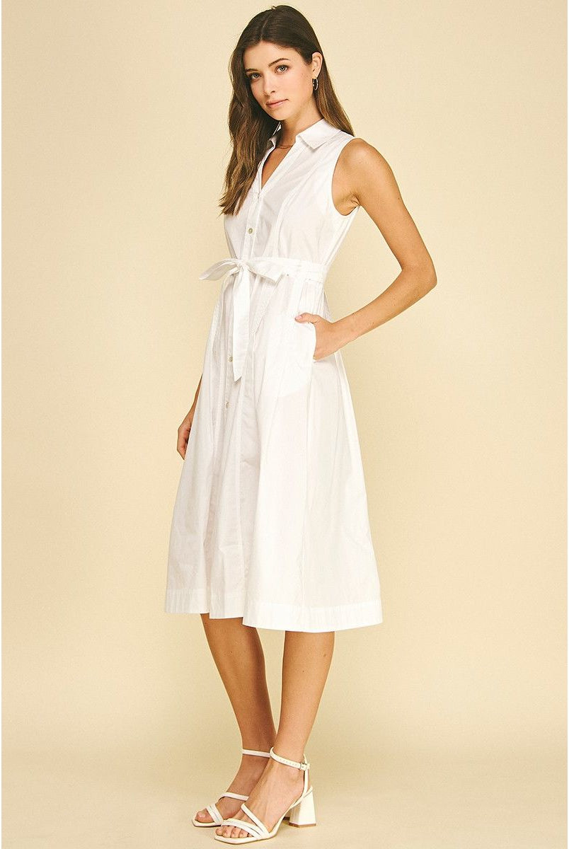 Abby Dress Pinch white sleeveless shirt dress side view, self-tie waist, A-line midi with pockets - Marj & Lizzie