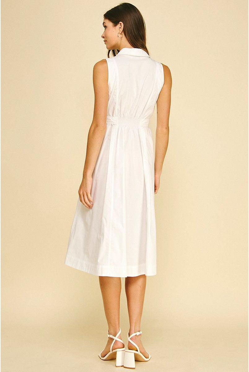 Abby Dress Pinch white sleeveless shirt dress back view, self-tie waist, A-line midi - Marj & Lizzie