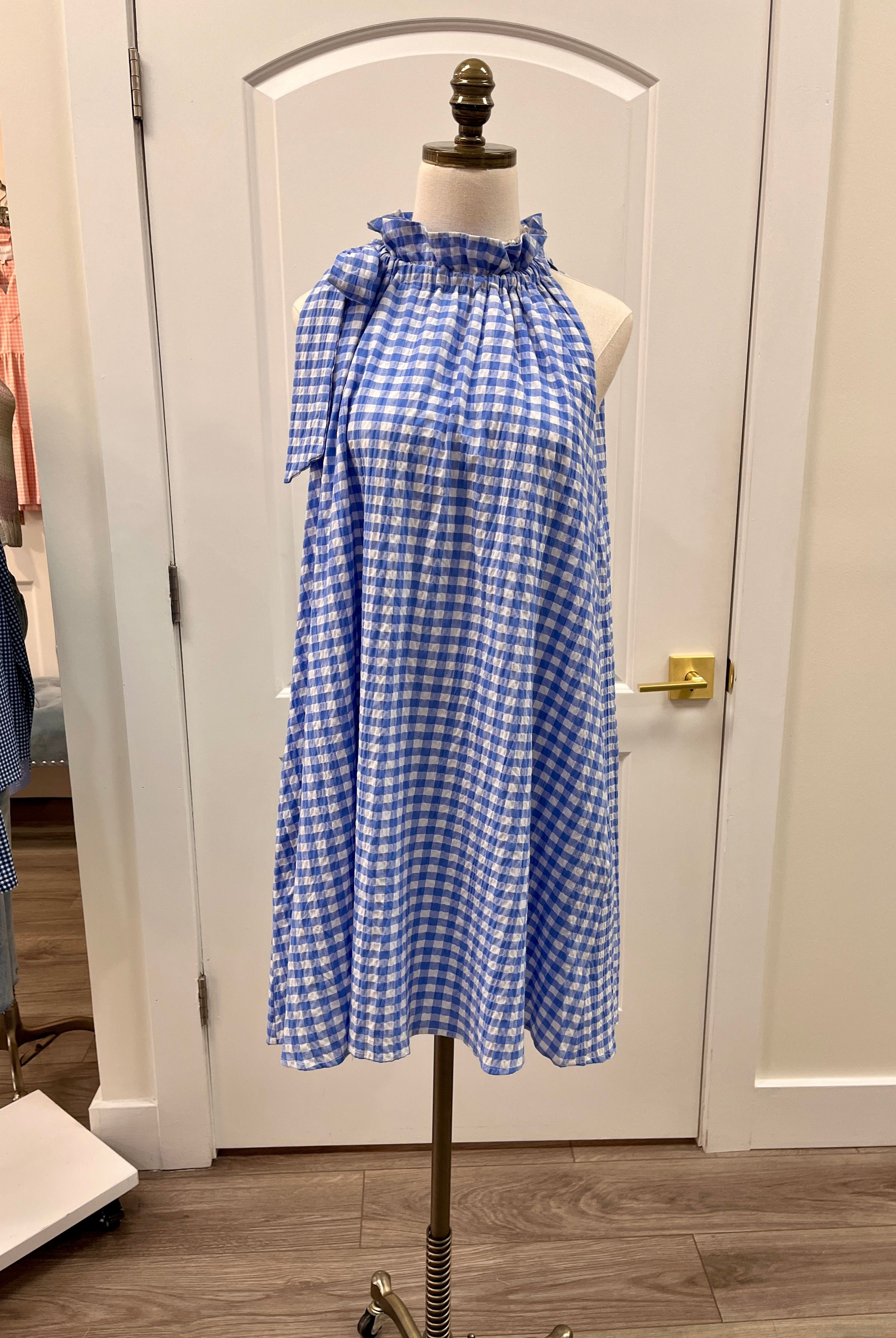 adriennegraciedressruffletienecksleevelessdressskyseersuckergingham