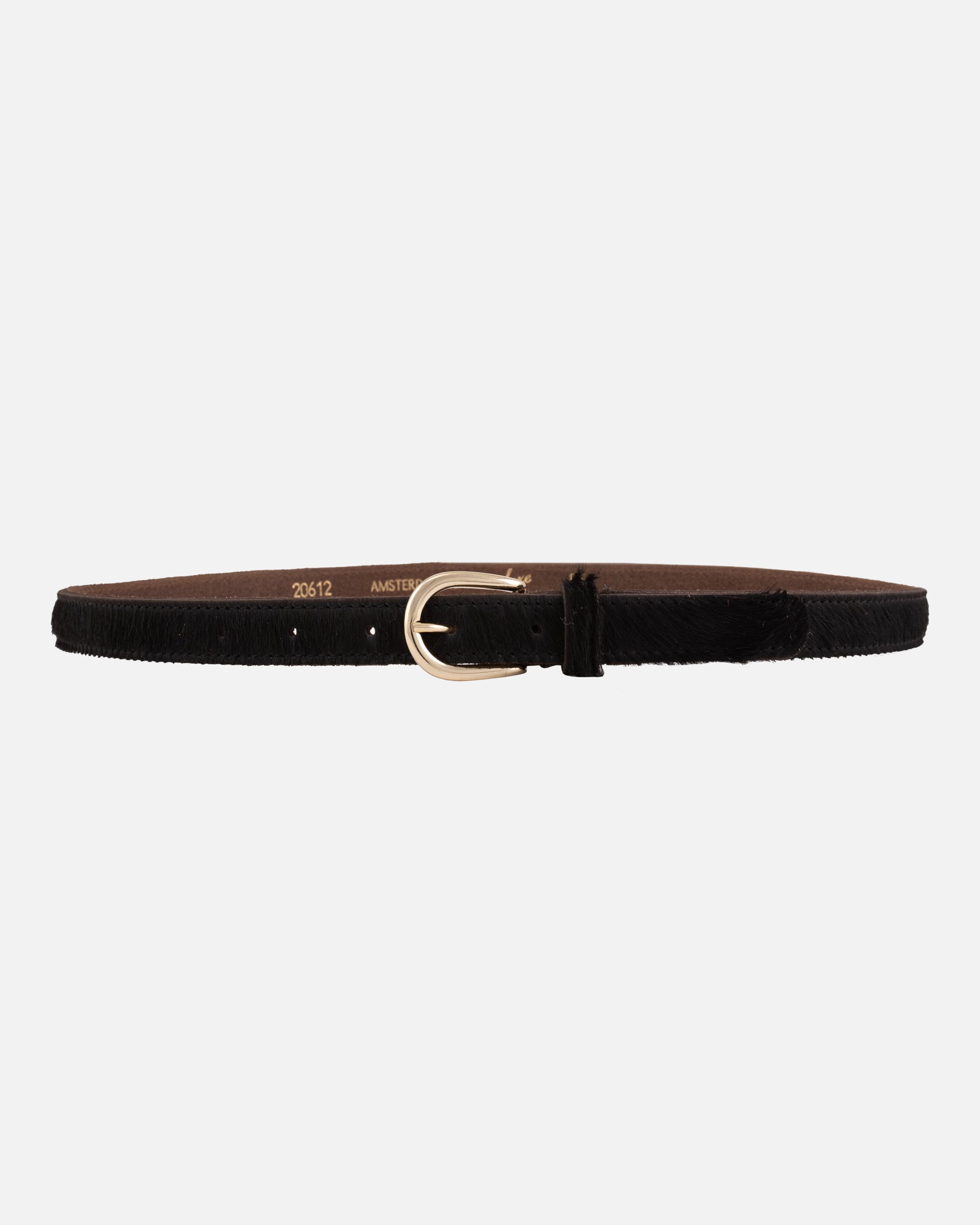 Dania Skinny Belt in Black by Amsterdam Heritage — cow hair-on leather, gold buckle, 0.8" | Marj & Lizzie 20612