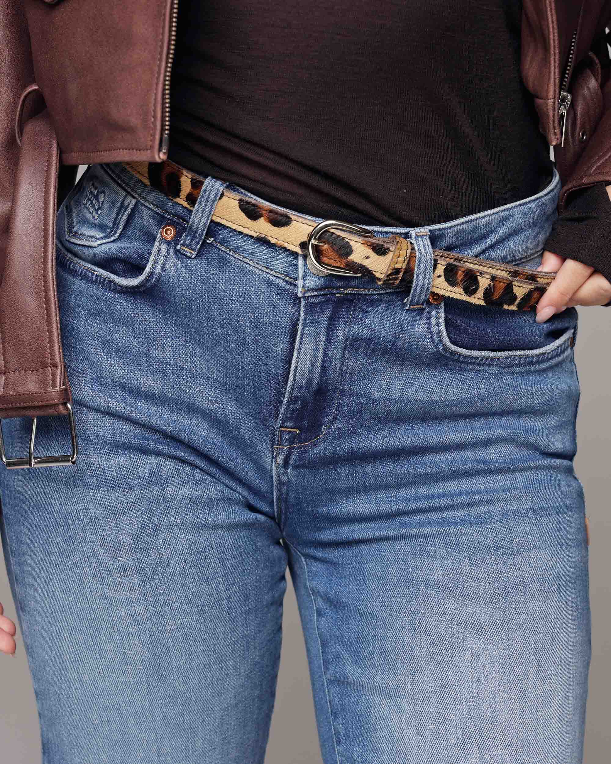 Dania Skinny Belt in Leopard by Amsterdam Heritage — 0.8" cowhide belt, gold buckle | Marj & Lizzie