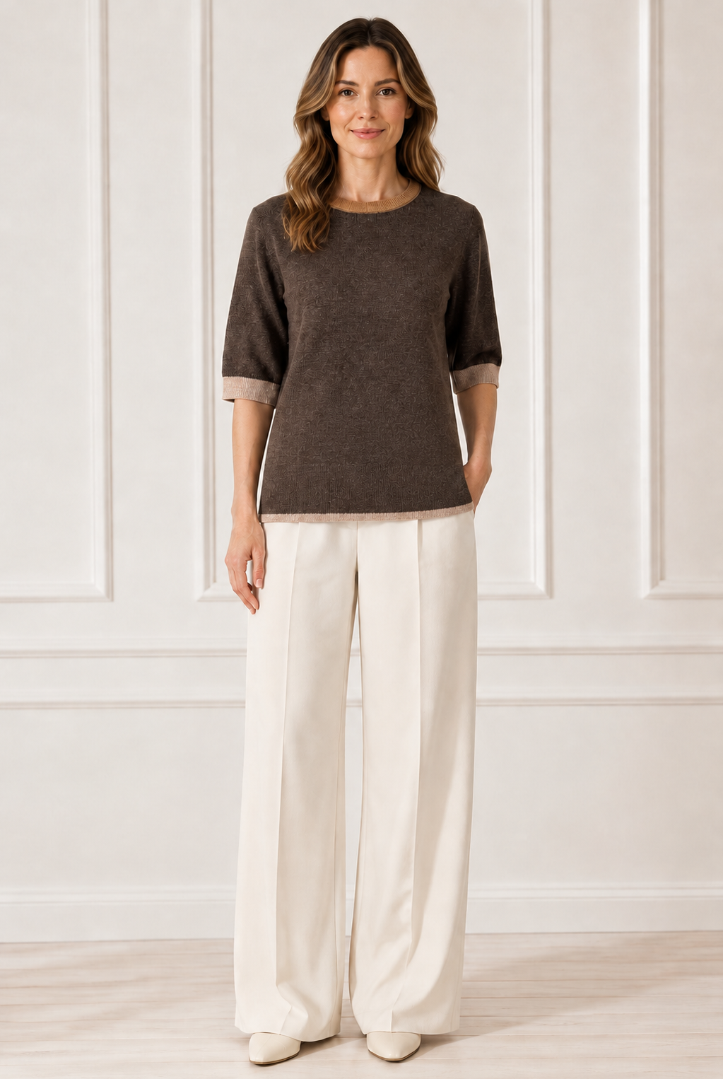 Another Love Dera Top in chocolate brown, crew neck short-sleeve knit with oatmeal contrast cuffs and hem, front view