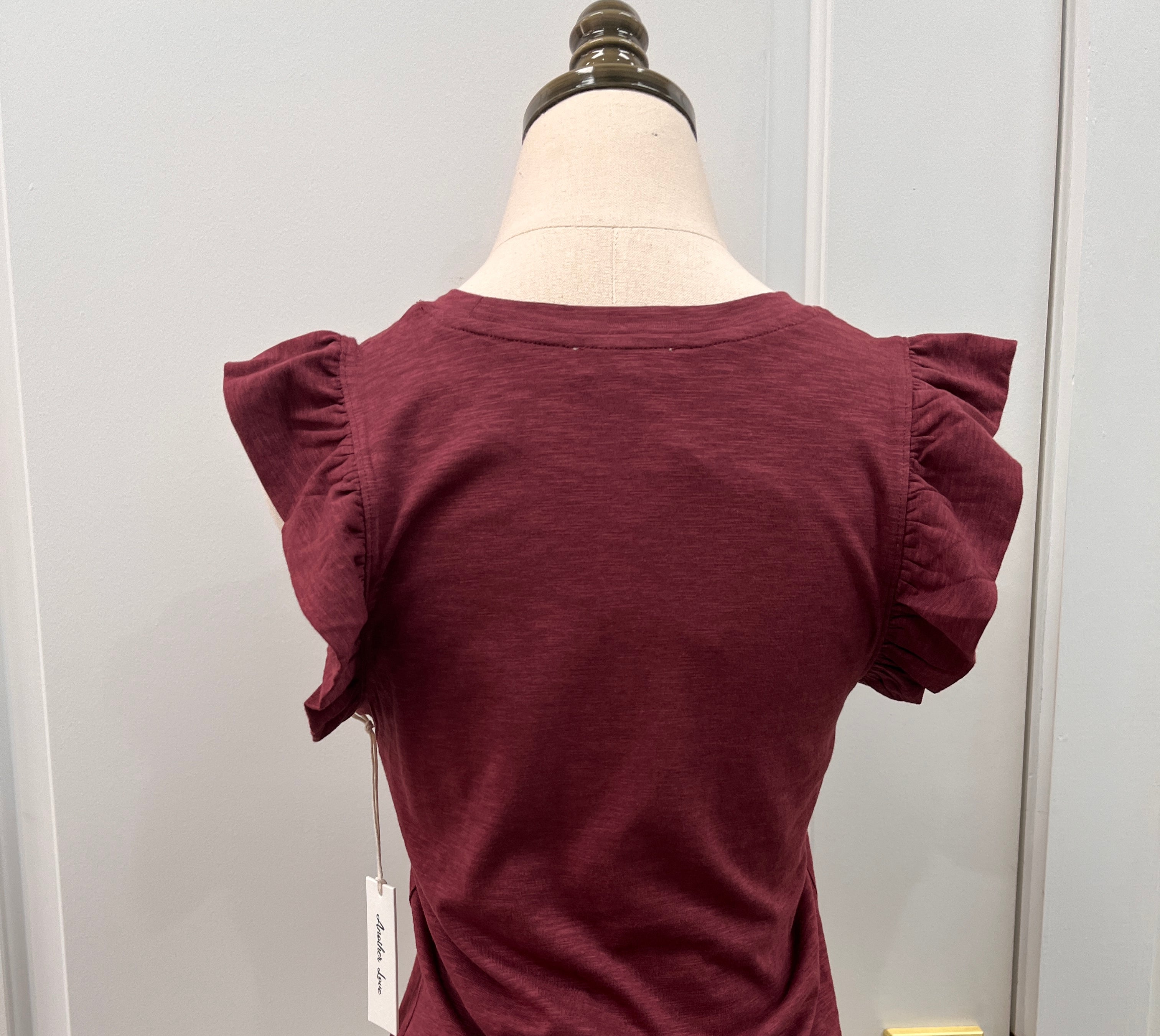 North Top Merlot by Another Love — relaxed crew neck, flutter sleeves, slub knit, front view