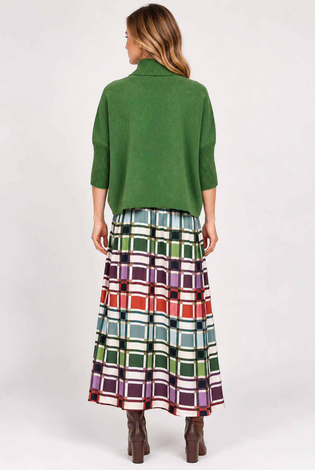 Back view of Sophia Sweater Green by Briton Court in Evergreen Fog with a mock neckline and ribbed sleeves Style # 3497