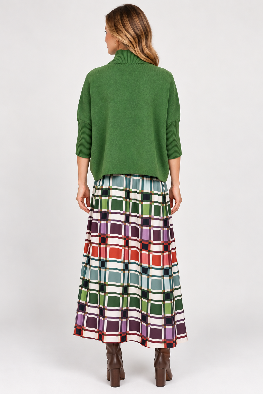 Back view of Sophia Sweater Green by Briton Court in Evergreen Fog with a mock neckline and ribbed sleeves Style # 3497
