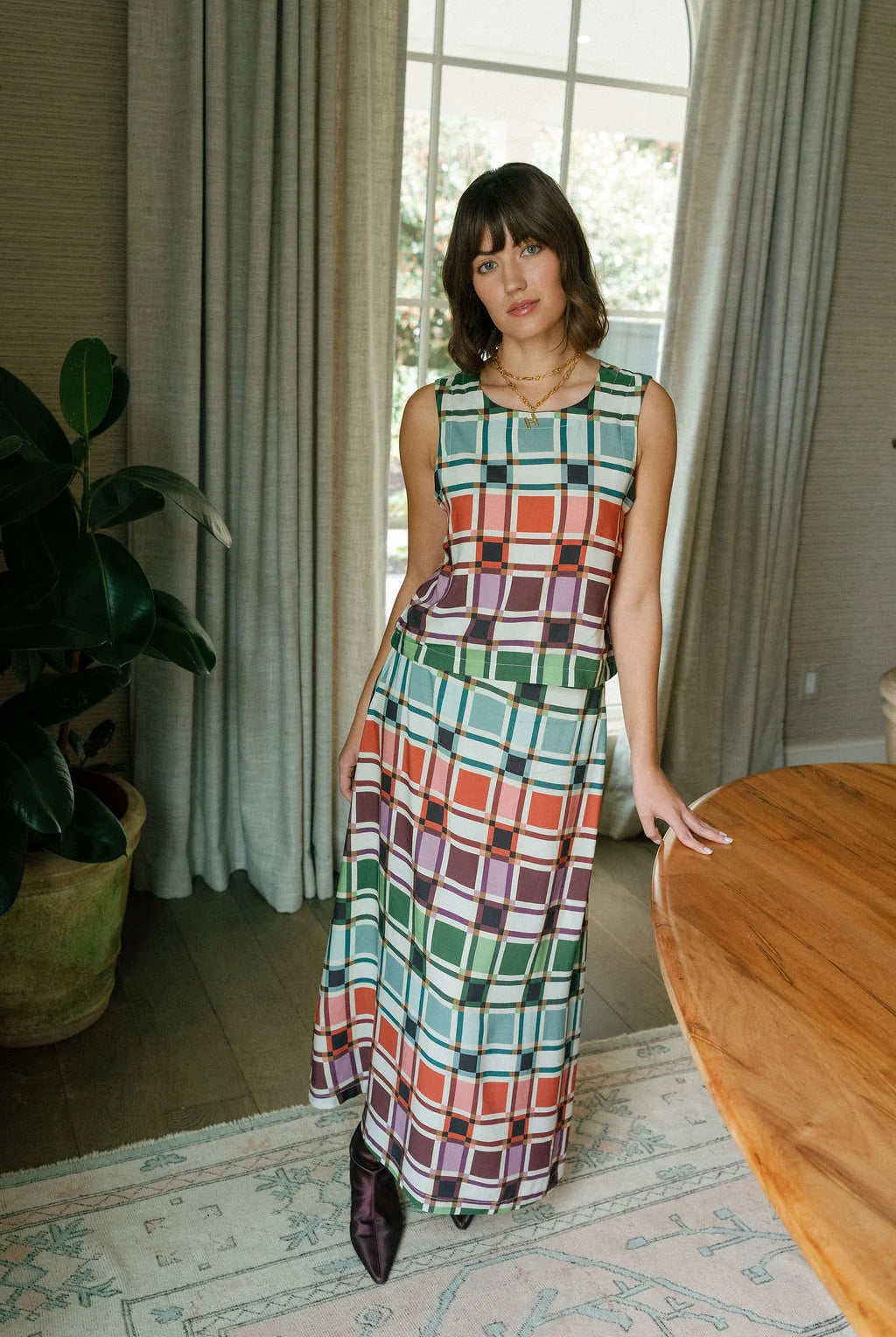 Front view 2 of Briton Court Stacey Top in sage, coral, plum, and green Candy Box Check plaid, Style #3932
