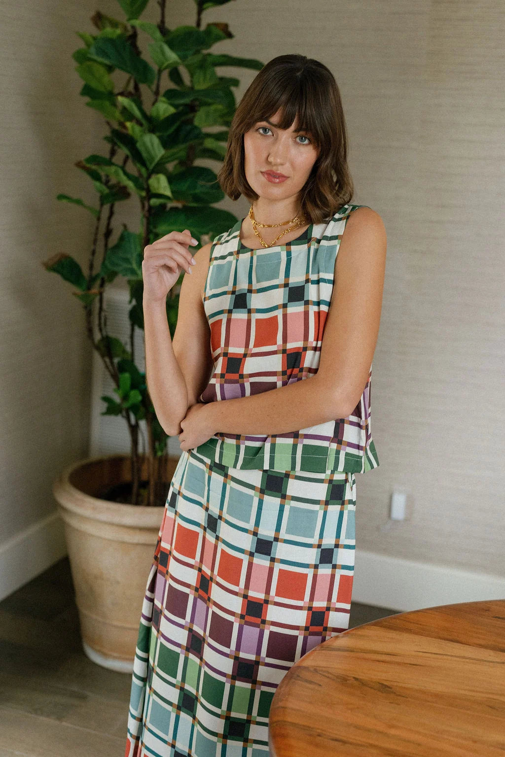 Front view 3 of Briton Court Stacey Top in sage, coral, plum, and green Candy Box Check plaid, Style #3932