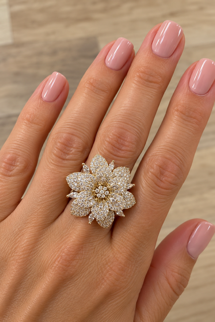 Flower Ring by Marj & Lizzie, gold three-layered flower with pavé petals and stone center, worn on hand