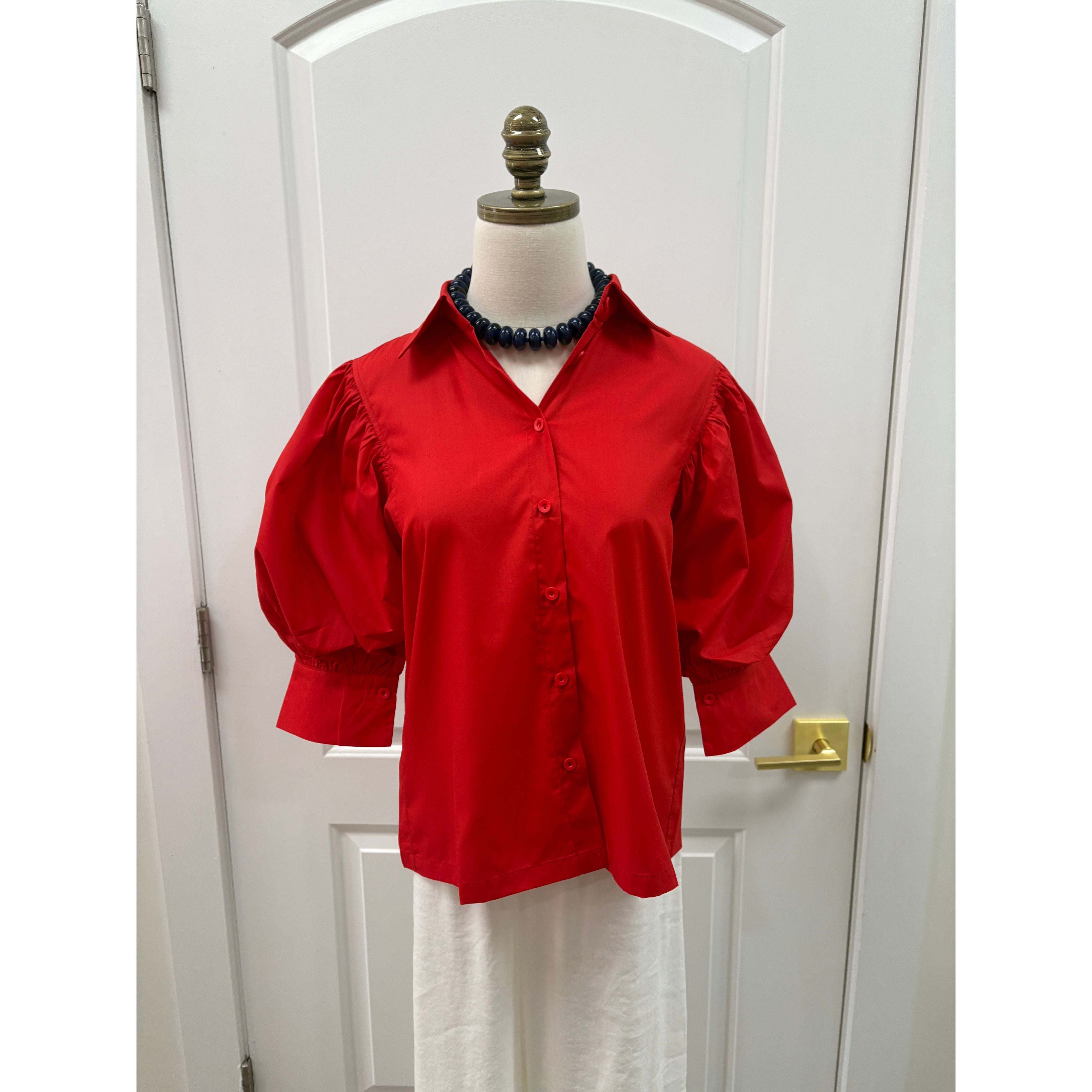 claire top JADE red button down puff sleeve top 3/4 sleeve