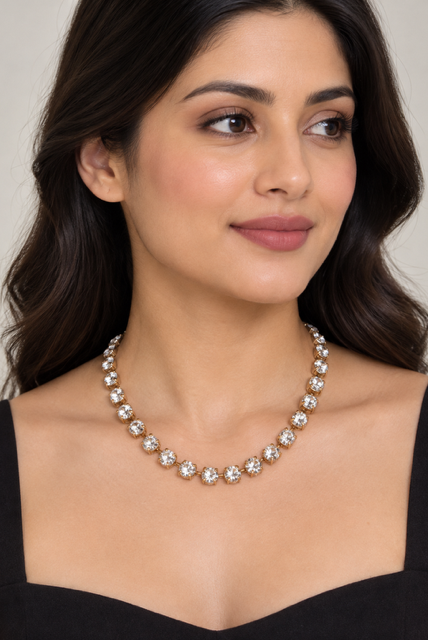 Clear Rhinestone Necklace by Marj & Lizzie, gold-tone strand of bezel-set clear stones