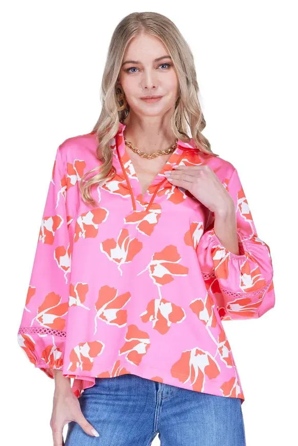 dancingpeonies JADE pink Margaret top vneck embroidered inset on sleeve