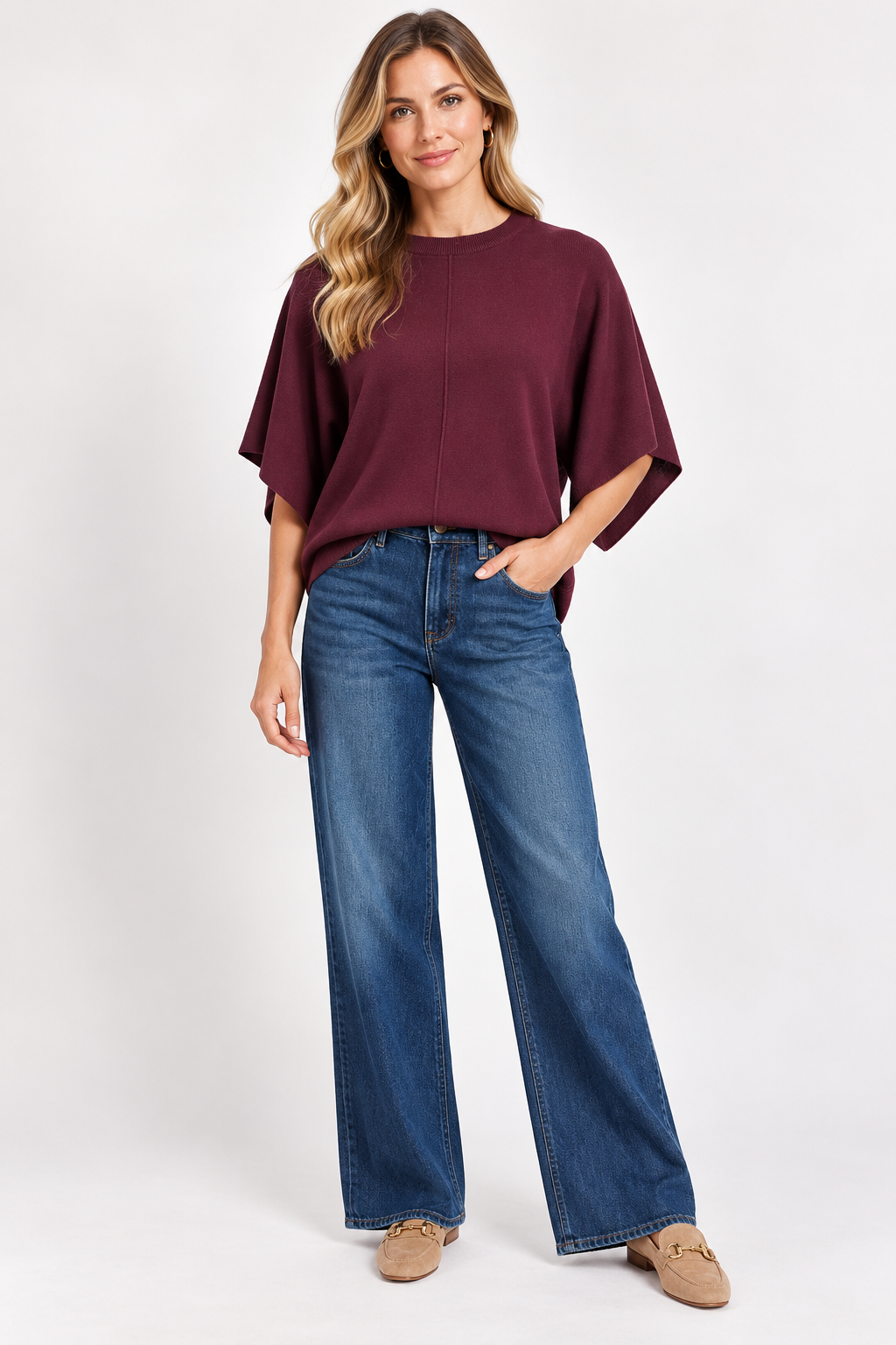 Eloise Top by Entro in merlot, front view showing round neckline, center seam, and wide draped sleeves. D31013