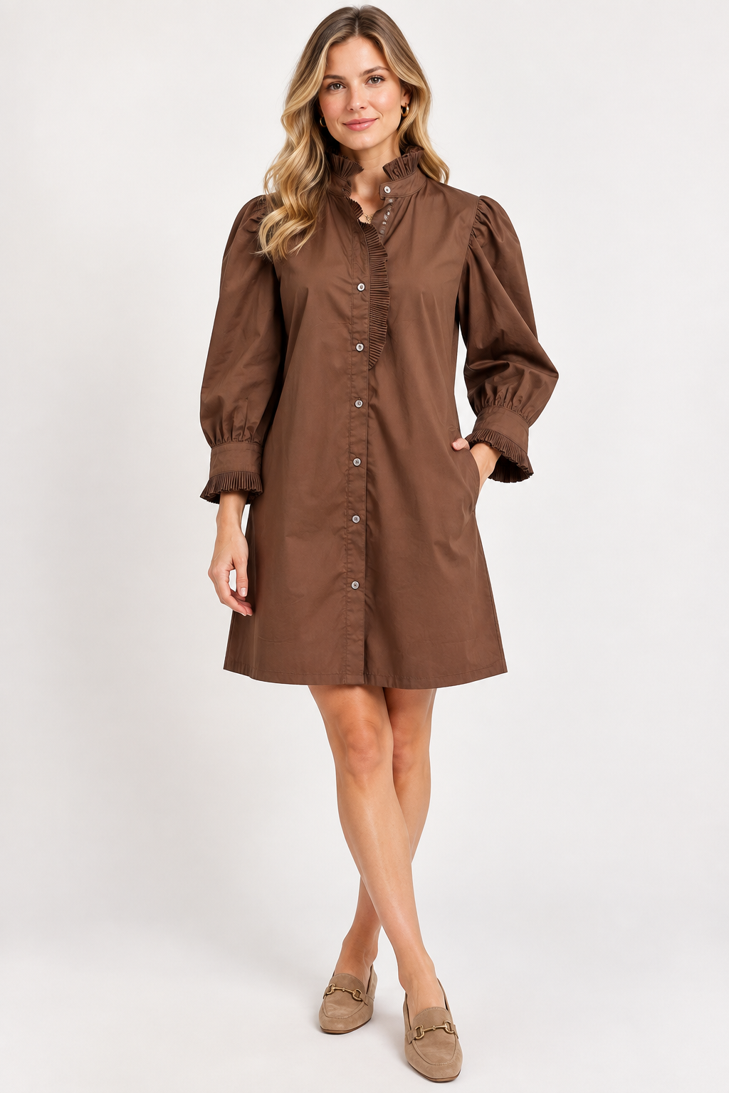 Lottie Dress by Entro in brown, front view showing button front, ruffled collar, and gathered sleeves D31683