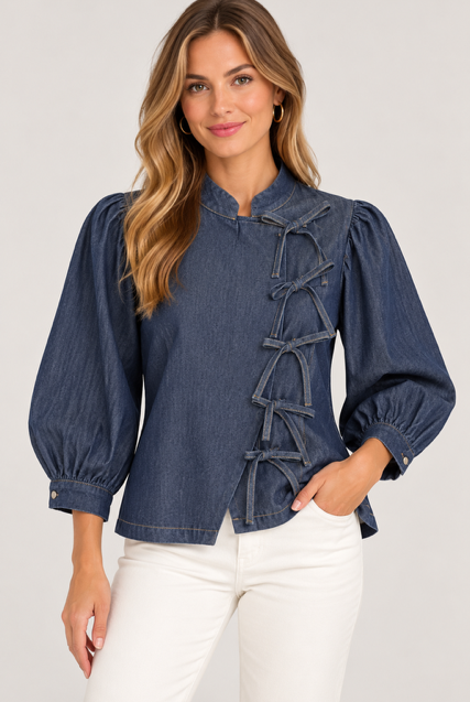 Lucy Top by Entro in dark denim with an off-center bow closure, band collar, and puffed sleeves, front view
