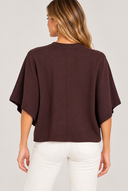 Rosalie Top by Entro in chocolate brown with a round neckline, wide sleeves, and center-front seam, back view