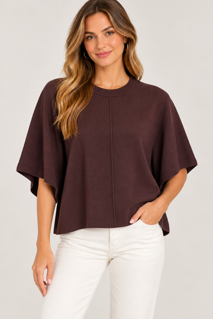 Rosalie Top by Entro in chocolate brown with a round neckline, wide sleeves, and center-front seam, front view