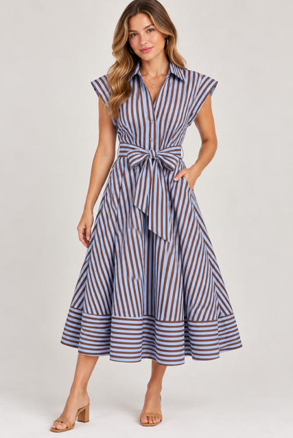 Savannah Dress by Entro in brown and blue stripes with a collar, tie waist, and cap sleeves, front view