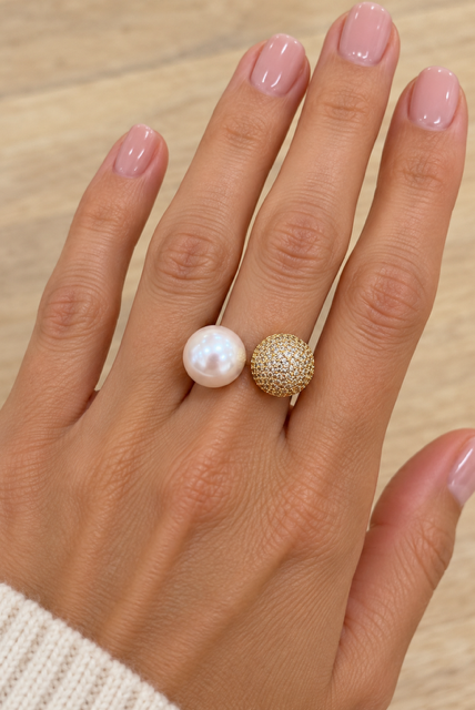 Golden Pearl Ring by Marj & Lizzie, gold open ring with white pearl and pavé ball ends, worn on hand