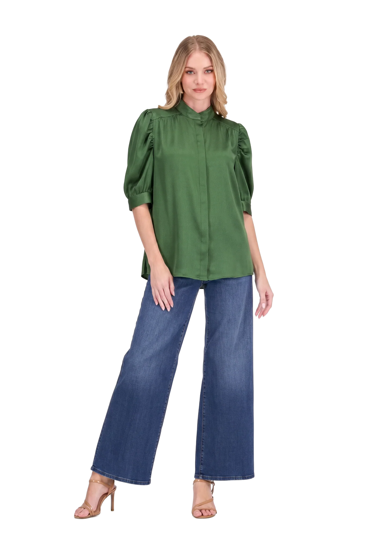Callie Top by Jade in emerald green — puff sleeve button-front top with band collar and concealed placket, full front view