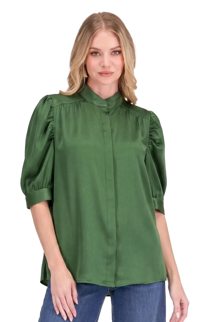 Callie Top by Jade in emerald green — puff sleeve button-front top with band collar and concealed placket, close-up front view
