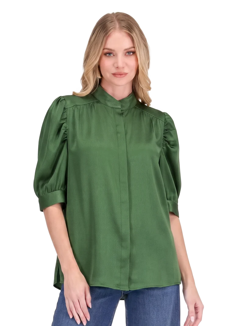 Callie Top by Jade in emerald green — puff sleeve button-front top with band collar and concealed placket, close-up front view