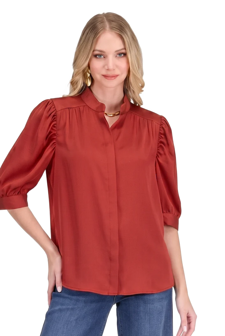 Callie Top by Jade in apple red — puff sleeve button-front top with band collar and concealed placket, close-up front view