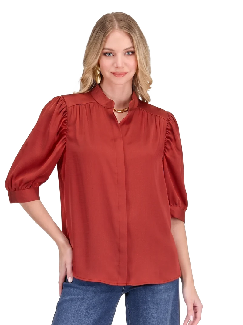Callie Top by Jade in apple red — puff sleeve button-front top with band collar and concealed placket, close-up front view