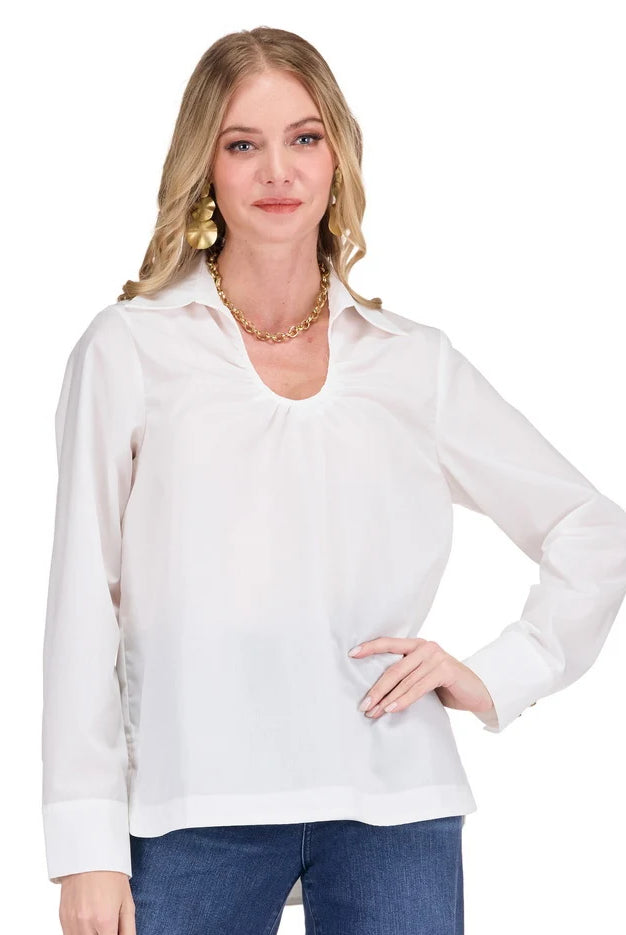 Catherine Top by Jade — crisp white horseshoe collar long sleeve top with relaxed straight hem, front view