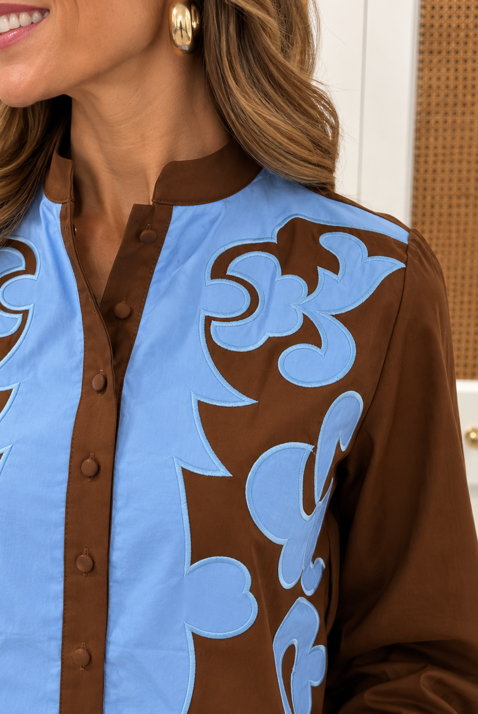 Daphne Top by Jodifl — chocolate brown button-front top with periwinkle blue appliqué scrollwork, zoom 1 view