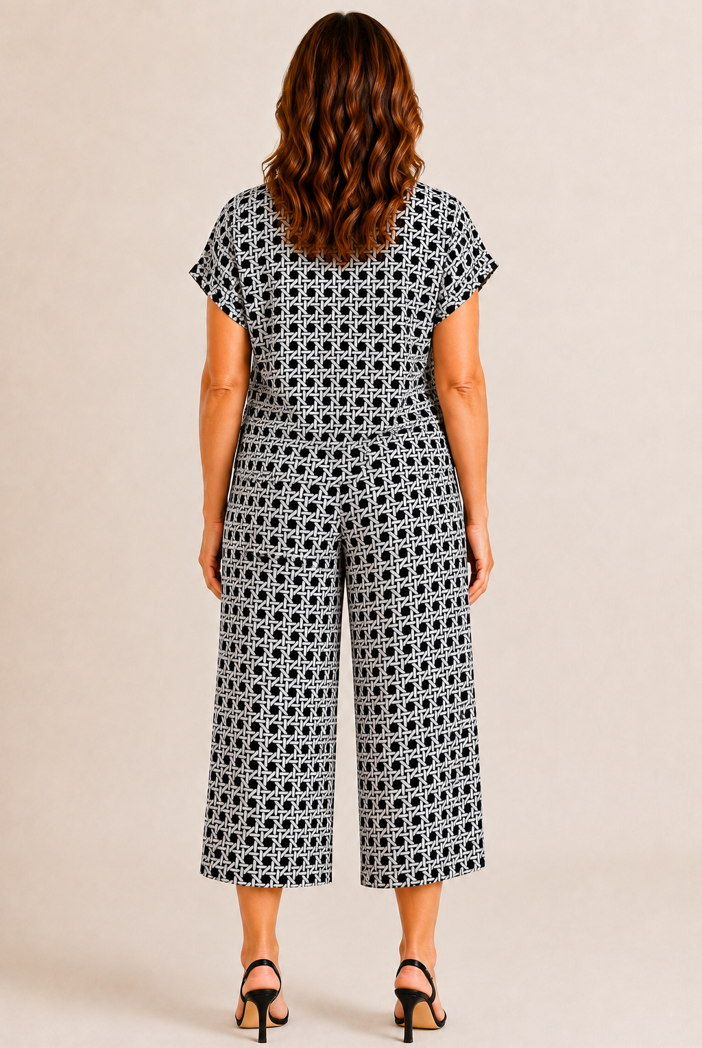 Lolly Pant by Jude Connally in Black Rattan print, back view, wide-leg cropped silhouette, elastic waistband, side pockets style # 201759