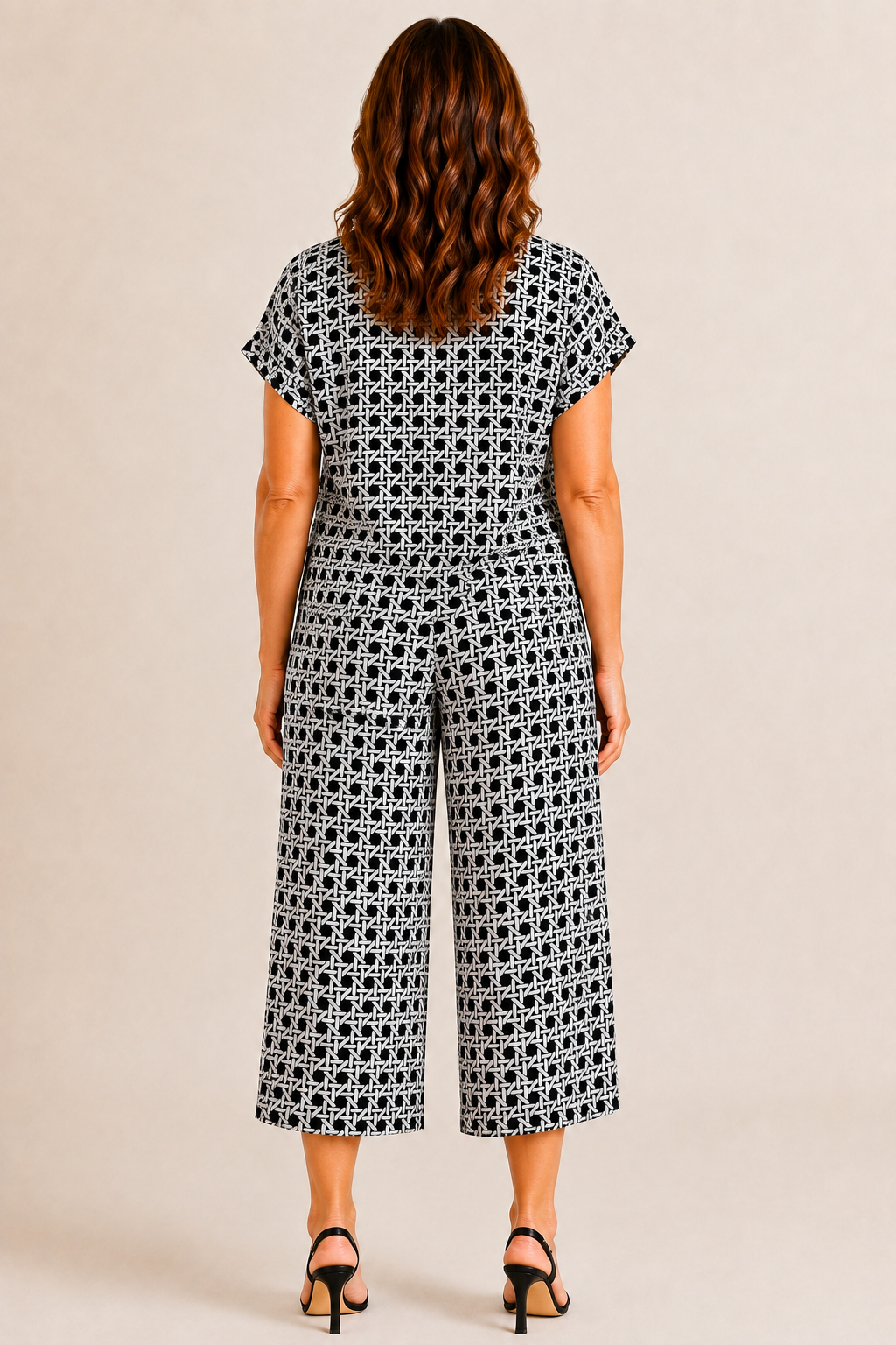 Lolly Pant by Jude Connally in Black Rattan print, back view, wide-leg cropped silhouette, elastic waistband, side pockets style # 201759