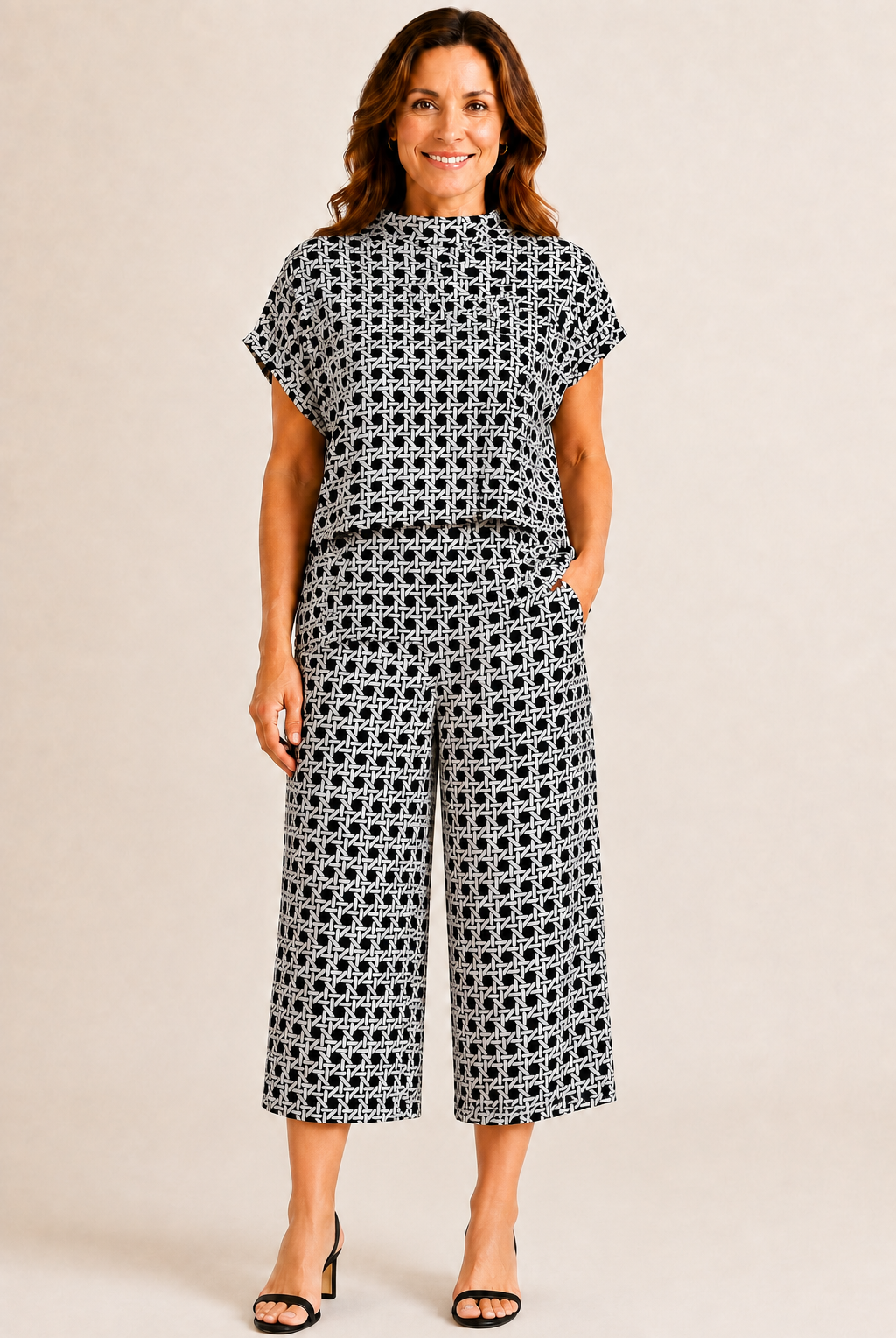Lolly Pant by Jude Connally in Black Rattan print, front view, wide-leg cropped silhouette, elastic waistband, side pockets style # 201759
