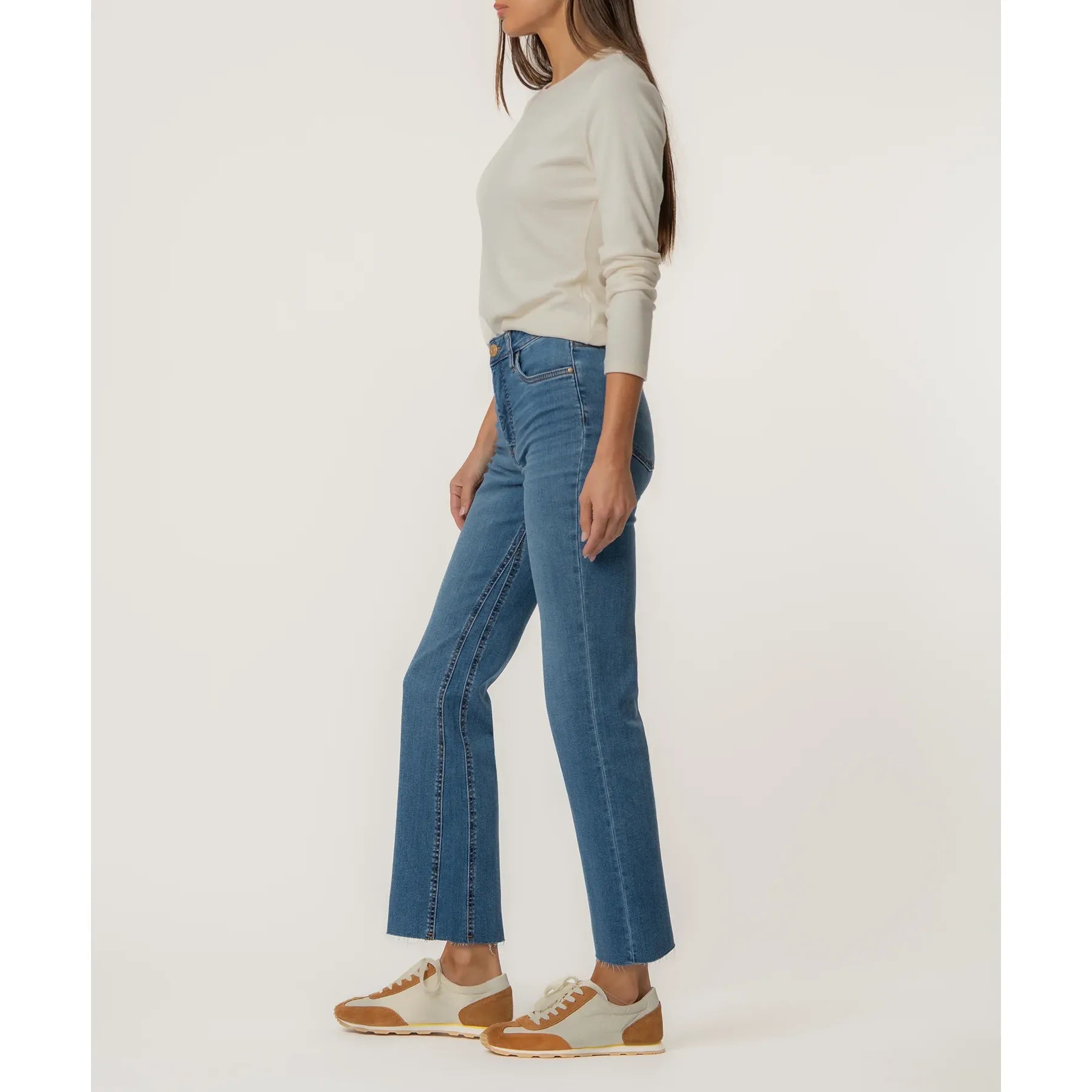 Kelsey High Rise Fab Ab Jeans in Sentiment by Kut from the Kloth, showing the side view of stylish blue denim bottoms.