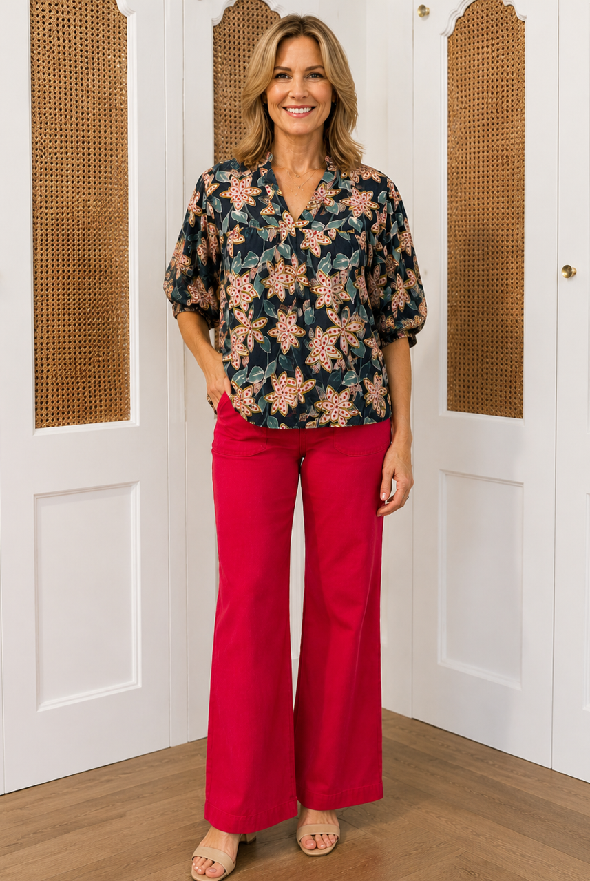 Mary Alice Top by THML — navy floral print V-neck top with ruffle collar and puff sleeves in 100% cotton