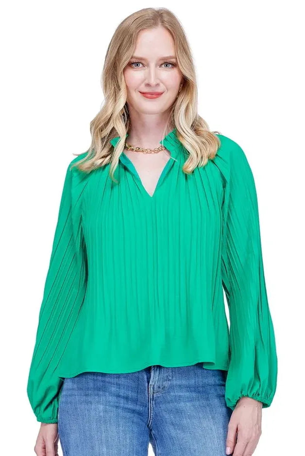 maryjane top JADE kelly green long sleeve vneck mandarin collar pleaty caribbean