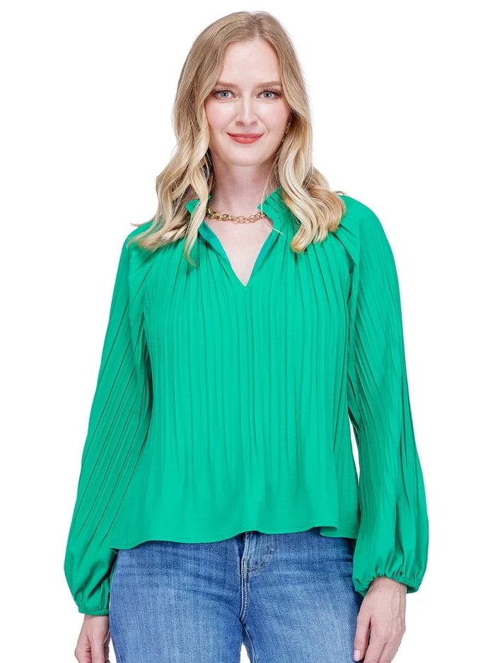 maryjane top JADE kelly green long sleeve vneck mandarin collar pleaty caribbean
