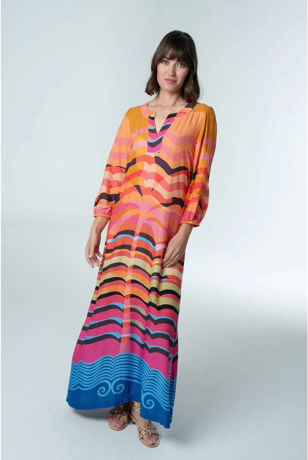 Melody Dress multicolor wave print maxi, orange pink blue gradient, split v-neck, 3/4 blouson sleeves - Marj & Lizzie