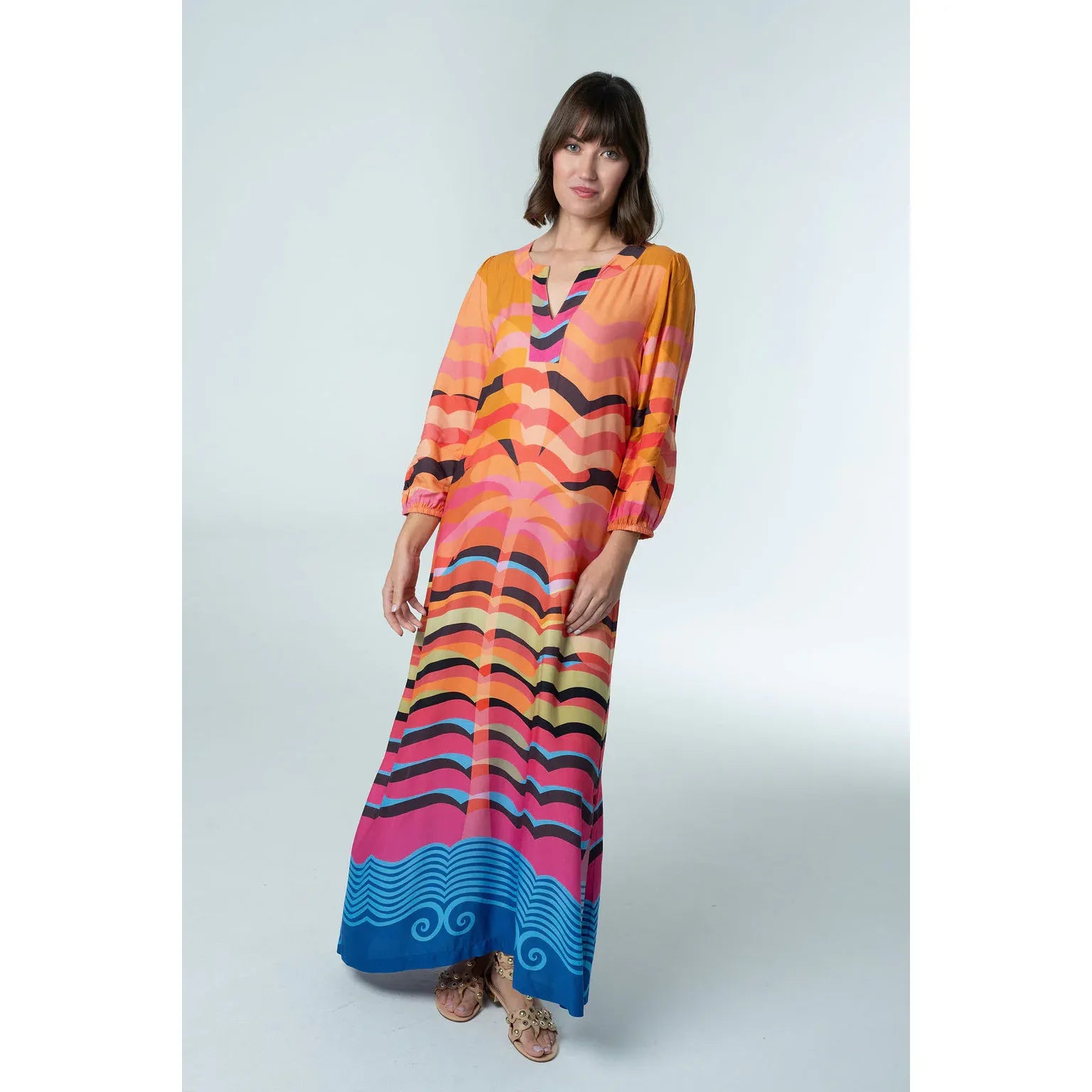 Melody Dress multicolor wave print maxi, orange pink blue gradient, split v-neck, 3/4 blouson sleeves - Marj & Lizzie