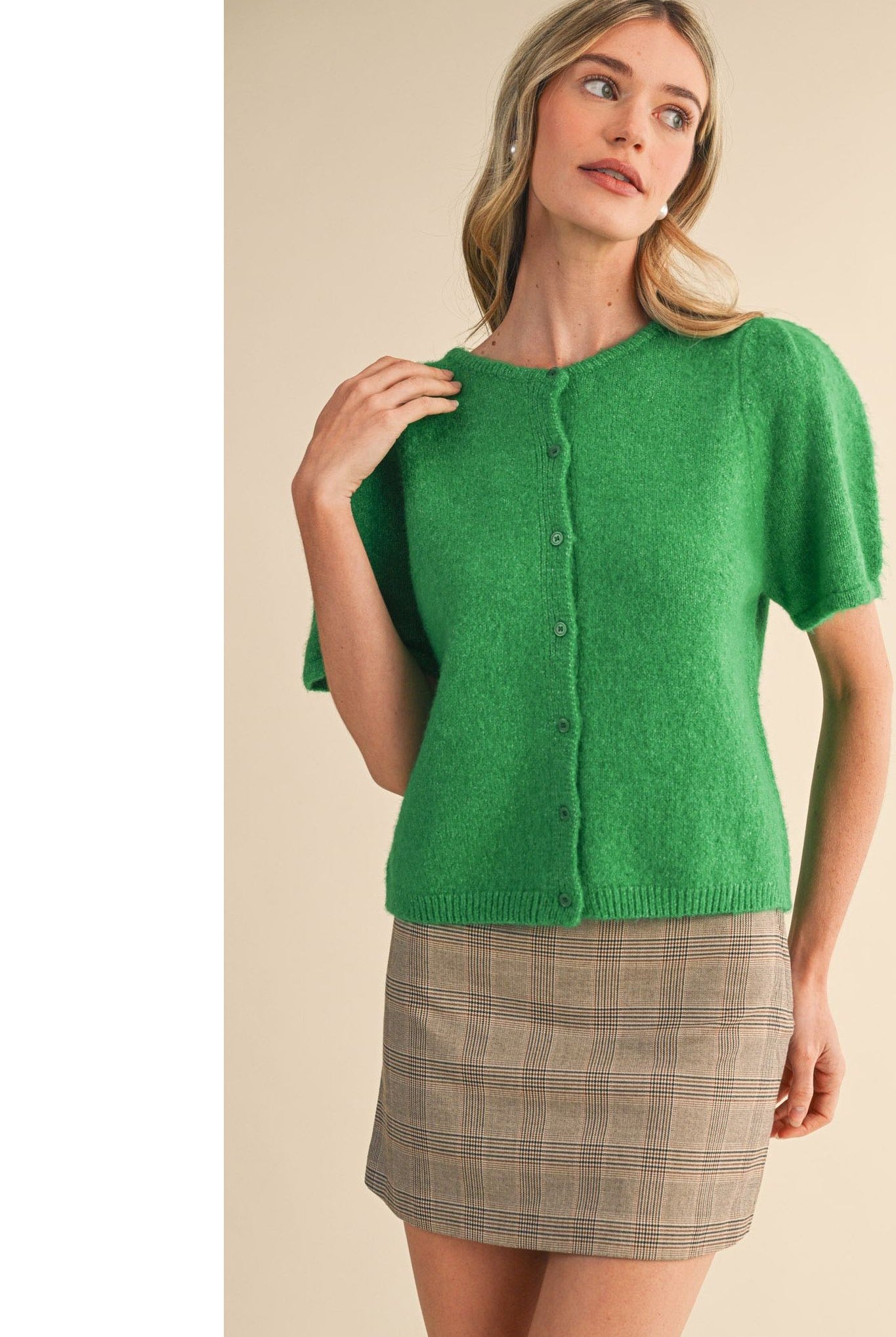 mercigreenmsw11021shortsleevepuffsleevecardigansweater