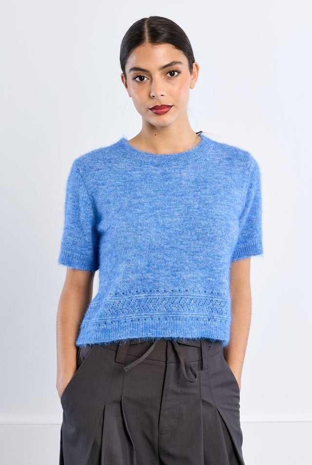 Ruth Top by Molly Bracken in Blue, front view, cropped boucle knit sweater, crew neckline, short sleeves with frayed edges, open pointelle hem trim, boxy silhouette Style# LAL705EN