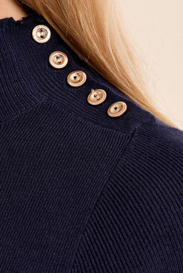 Mary Lou Top by Molly Bracken in Navy, zoom view, fitted ribbed knit mock turtleneck, elbow-length sleeves, gold button shoulder detail, slim silhouette Style# LA2012EN