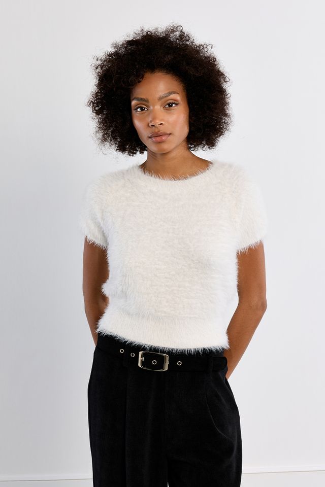 Martha Top by Molly Bracken in White, front view, fitted eyelash knit sweater, crew neckline with frayed edge trim, short cap sleeves with frayed edges, cropped waist length Style # NL45EN