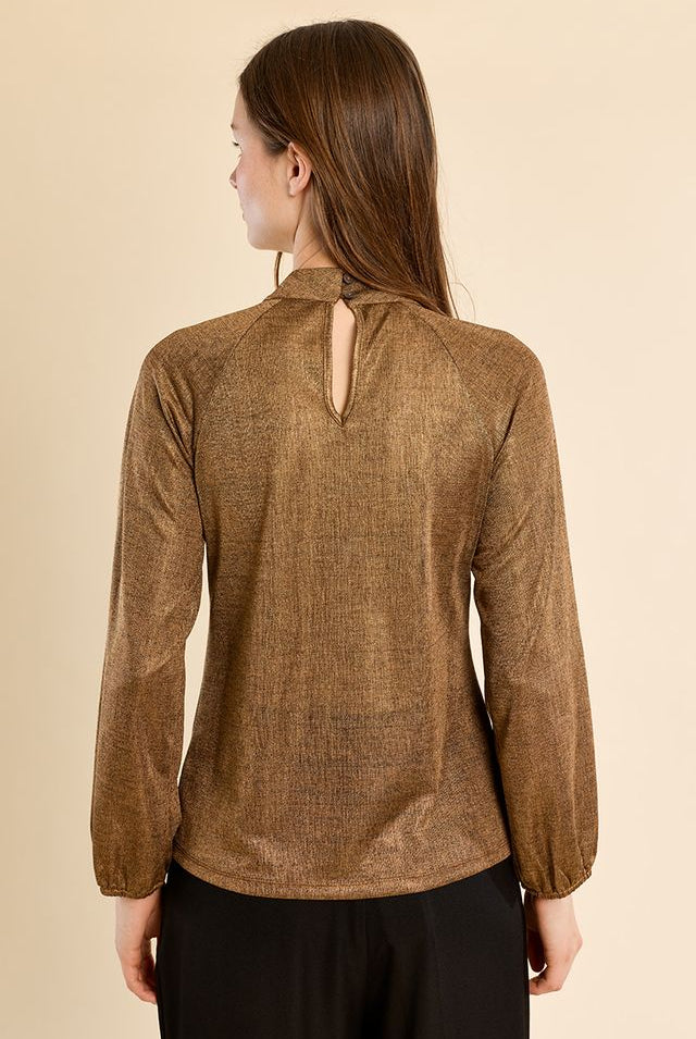 Jean Top by Molly Bracken in Copper, back view, metallic knit, ruched mock neck with front keyhole cutout, long balloon sleeves with elasticated cuffs, fitted silhouette Style# PW122EN