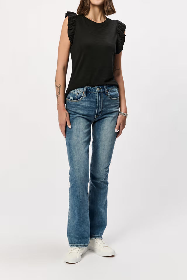 North Top Black by Another Love — relaxed crew neck, flutter sleeves, slub knit, full body view