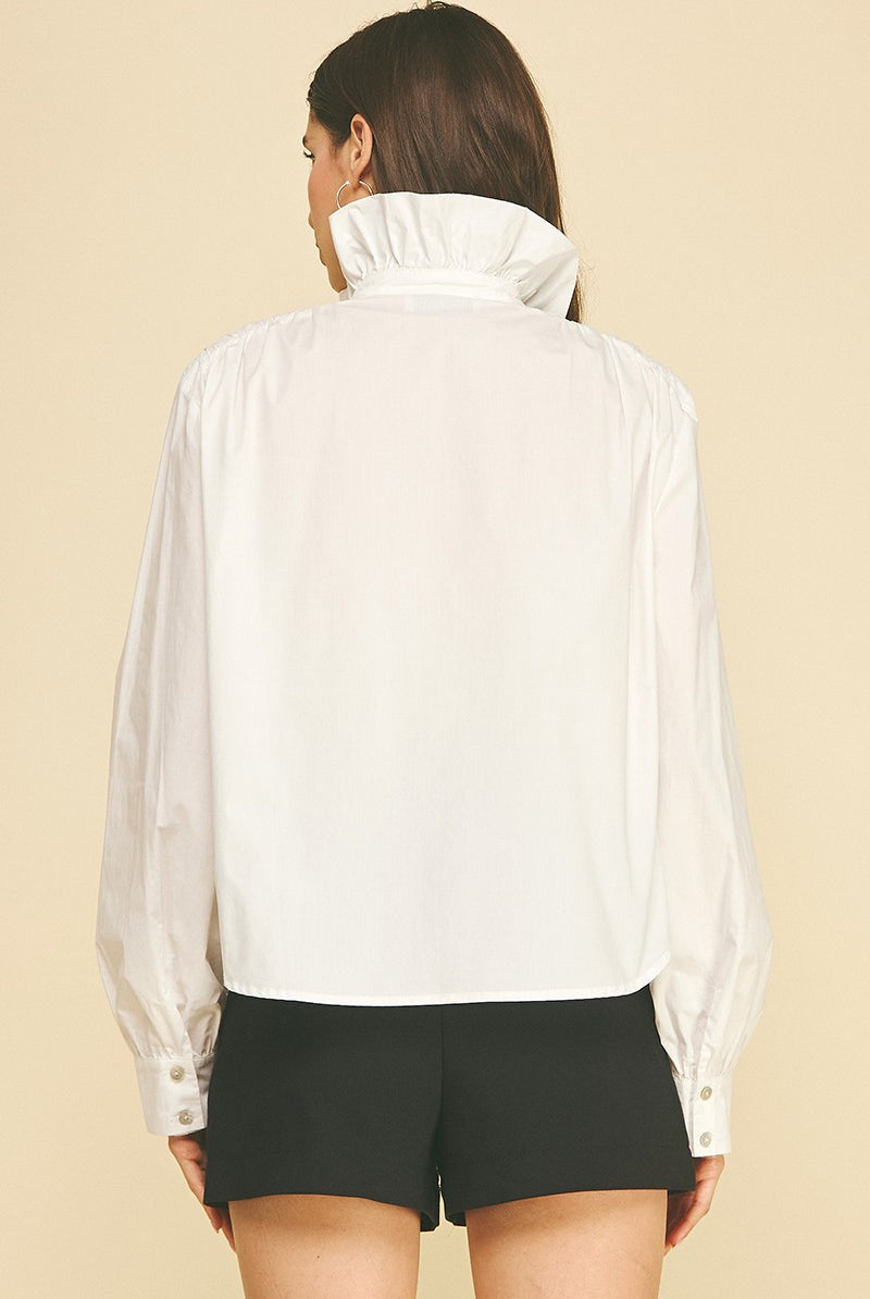 Anne Porter Top by Pinch white ruffled high-neck button-down, back view showing gathered collar and button cuffs
