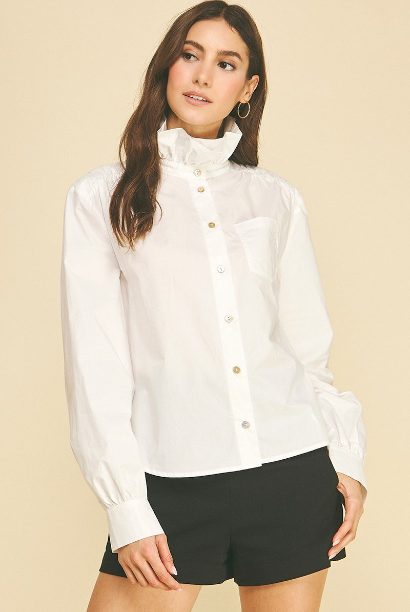 Anne Porter Top by Pinch white button-down with ruffled high neck, front pocket, and long sleeves, front view