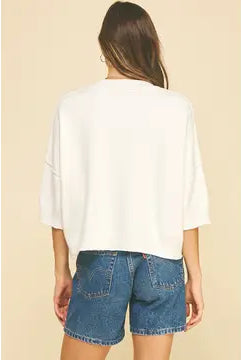 Pinch Meredith Sweater in white — drop shoulder short sleeve knit, back view style# 6980W
