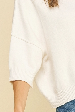 Pinch Meredith Sweater in white — raw edge detail and round neckline close-style# 6980W