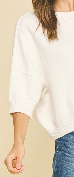 Pinch Meredith Sweater in white — raw edge detail and round neckline close-style# 6980W