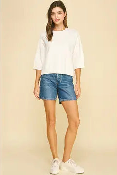 Pinch Meredith Sweater in white — round neck, drop shoulder, short sleeve knit, full front view style #6980W